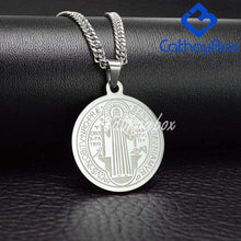 Load image into Gallery viewer, Catholic Gifts Jewelry Mens Silver Tone Stainless Steel Patron Saint St. Benedict Holy Medals Pendant Necklace - Pendant Necklace
