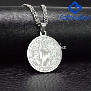 Catholic Gifts Jewelry Mens Silver Tone Stainless Steel Patron Saint St. Benedict Holy Medals Pendant Necklace - Pendant Necklace