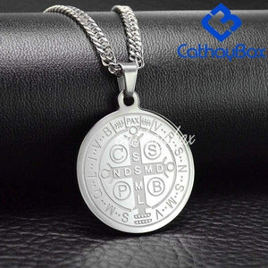 Catholic Gifts Jewelry Mens Silver Tone Stainless Steel Patron Saint St. Benedict Holy Medals Pendant Necklace - Pendant Necklace