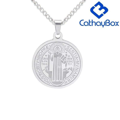 Catholic Gifts Jewelry Mens Silver Tone Stainless Steel Patron Saint St. Benedict Holy Medals Pendant Necklace - Pendant Necklace