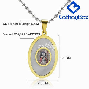 Catholic Jewelry WomenGold Tone Oval Mary + Baby Jesus Shell Charm Pendant Necklace Chain 60CM Long - Pendant Necklace