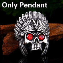 Load image into Gallery viewer, cheif skull pendant necklace with red stone Chain Stainless Steel biker huge heavy power Jewelry
