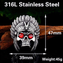 Load image into Gallery viewer, cheif skull pendant necklace with red stone Chain Stainless Steel biker huge heavy power Jewelry
