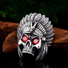 Load image into Gallery viewer, cheif skull pendant necklace with red stone Chain Stainless Steel biker huge heavy power Jewelry

