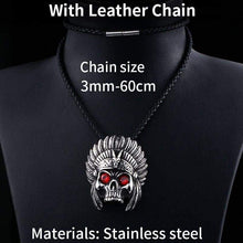 Load image into Gallery viewer, cheif skull pendant necklace with red stone Chain Stainless Steel biker huge heavy power Jewelry
