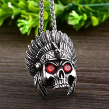 Load image into Gallery viewer, cheif skull pendant necklace with red stone Chain Stainless Steel biker huge heavy power Jewelry
