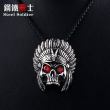 Load image into Gallery viewer, cheif skull pendant necklace with red stone Chain Stainless Steel biker huge heavy power Jewelry
