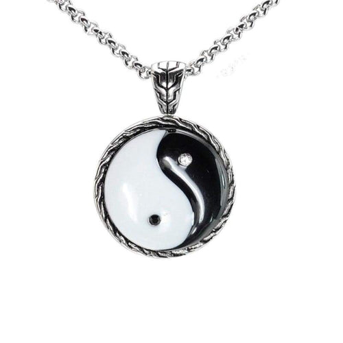 Chinese Taoism Taiji Taichi Yin Yang Pendant Black Enamel Stainless Steel Necklace Trendy Jewelry for Men Women Chain 60CM - Pendant