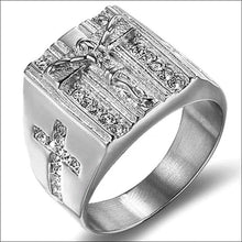 Load image into Gallery viewer, religous-jesus-cross-ring-amulet-jewlry-gold-black-rosegold-stainless-steel-letter-initials-letter-monogram-bible-rings-women-5-colors
