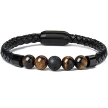 Load image into Gallery viewer, Ckysee Magnetic Clasp Leather Bracelet with Howlite Tiger Eye Lava Energy Healing Healing Stones Gift for Men 8.5 - Jewelry
