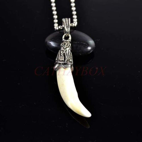 Cream Tribal Wolf Tooth Charm Pendant Necklace with SS Chain 24 Long - Pendant Necklace