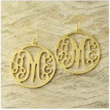 Load image into Gallery viewer, Custom Monogram Earrings with circle around hand stamped earrings alloy earrring Gold color - Ear Jewelry
