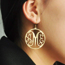 Load image into Gallery viewer, Custom Monogram Earrings with circle around hand stamped earrings alloy earrring Gold color - Ear Jewelry
