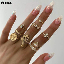 Load image into Gallery viewer, docona 9pcs/set Boho Gold ful Crystal Snake Geometric Knuckle Midi Ring Set Wedding Jewelry 7054 (gold) - Ring
