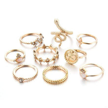 Load image into Gallery viewer, docona 9pcs/set Boho Gold ful Crystal Snake Geometric Knuckle Midi Ring Set Wedding Jewelry 7054 (gold) - Ring
