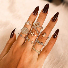 Load image into Gallery viewer, docona 9pcs/set Boho Gold ful Crystal Snake Geometric Knuckle Midi Ring Set Wedding Jewelry 7054 (gold) - Ring
