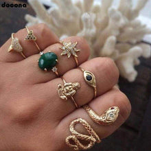 Load image into Gallery viewer, docona Bohemian Gold Snake Buddha Crystal Flower Ring Set Green Rhinestone Carved Knuckle Ring 7068 (gold) - Ring
