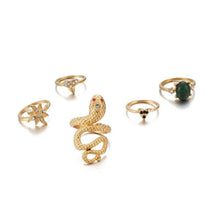 Load image into Gallery viewer, docona Bohemian Gold Snake Buddha Crystal Flower Ring Set Green Rhinestone Carved Knuckle Ring 7068 (gold) - Ring
