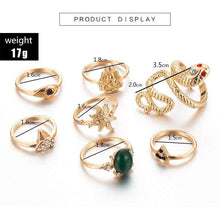Load image into Gallery viewer, docona Bohemian Gold Snake Buddha Crystal Flower Ring Set Green Rhinestone Carved Knuckle Ring 7068 (gold) - Ring
