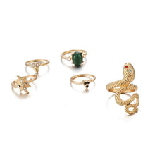 Load image into Gallery viewer, docona Bohemian Gold Snake Buddha Crystal Flower Ring Set Green Rhinestone Carved Knuckle Ring 7068 (gold) - Ring

