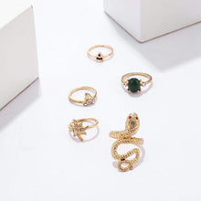 Load image into Gallery viewer, docona Bohemian Gold Snake Buddha Crystal Flower Ring Set Green Rhinestone Carved Knuckle Ring 7068 (gold) - Ring
