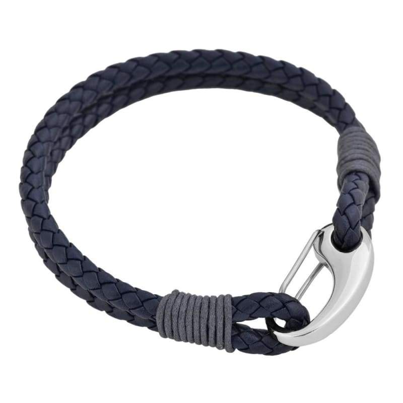 Edforce Braided Genuine Leather 2-Strand Cuff Bracelet with Stainless Steel Clasp (Prussian Blue) - Jewelry