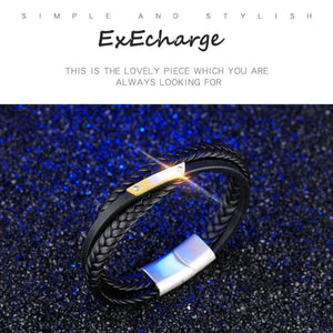 ExEcharge Alloy with Leather Bracelet Stainless Steel with PU Leather Multi-Layer Braided Cuff Wrap Magnetic-Clasp Bracelets for