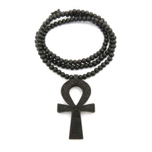 Load image into Gallery viewer, Fashion 21 Egyptian Ankh Cross Pendant 6mm 27 Stretchable Wooden Bead Necklace (3 Colors Available) (Black) - Pendant Necklace
