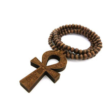 Load image into Gallery viewer, Fashion 21 Egyptian Ankh Cross Pendant 6mm 27 Stretchable Wooden Bead Necklace (3 Colors Available) (Brown) - Pendant Necklace
