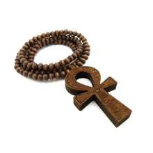 Load image into Gallery viewer, Fashion 21 Egyptian Ankh Cross Pendant 6mm 27 Stretchable Wooden Bead Necklace (3 Colors Available) (Brown) - Pendant Necklace
