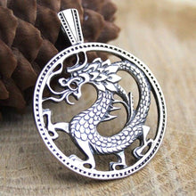 Load image into Gallery viewer, Fire Dragon Pendant Necklace Sterling Silver 925 Large Round Cutout Medallion Serpent Symbol Chinese Oriental Zodiac Yoga Jewelry Gift for Men Women/Powerful Amulet/Handmade

