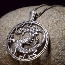 Load image into Gallery viewer, Fire Dragon Pendant Necklace Sterling Silver 925 Large Round Cutout Medallion Serpent Symbol Chinese Oriental Zodiac Yoga Jewelry Gift for Men Women/Powerful Amulet/Handmade
