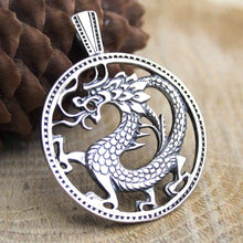 Load image into Gallery viewer, Fire Dragon Sterling Silver 925 Large Cutout Medallion Serpent Symbol Pendant Necklace Chinese Oriental Yoga Buddhist Jewelry Gift for Men Women/Additional Option -Sterling Silver Chains
