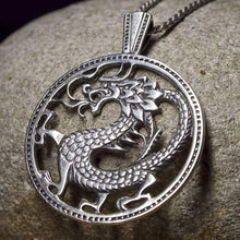 Load image into Gallery viewer, Fire Dragon Sterling Silver 925 Large Cutout Medallion Serpent Symbol Pendant Necklace Chinese Oriental Yoga Buddhist Jewelry Gift for Men Women/Additional Option -Sterling Silver Chains
