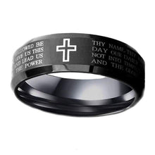 Load image into Gallery viewer, FlameReflection Stainless Steel Tungsten Titanium Mens Band Christian Holy Cross Lords Prayer Ring Catholic Religious Bible Verse Engraved w
