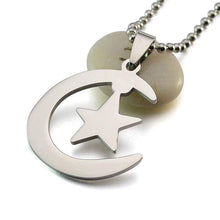 Load image into Gallery viewer, Gold Silver Tone Stainless Steel Islamic Crescent Moon &amp; Star Charm Pendant Necklace For Muslim W/ Free Chain 60CM Long - Pendant Necklace
