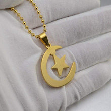 Load image into Gallery viewer, Gold Silver Tone Stainless Steel Islamic Crescent Moon &amp; Star Charm Pendant Necklace For Muslim W/ Free Chain 60CM Long - Pendant Necklace
