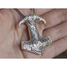Load image into Gallery viewer, Huge Sterling Silver Thors Hammer Replica Pendant Necklace for Men with Triquetra and Triskele Viking Mjolnir Mens Norse Nordic Jewelry Perfect Gift/Additional Option -Sterling Silver Chains
