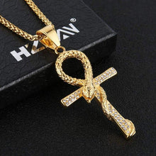 Load image into Gallery viewer, HZMAN Mens Dog Tag Stainless Steel Coptic Ankh Cross Religious Pendant Necklace (Snake - Gold) - Pendant Necklace
