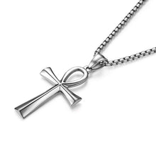 Load image into Gallery viewer, HZMAN Mens Gold Stainless Steel Coptic Ankh Cross Religious Pendant Necklace 24 Rope Chain (Silver) - Pendant Necklace
