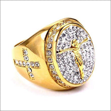 Load image into Gallery viewer, Iced-Out INRI Crucifix Cross of Jesus Christ Ring in Gold Plated Titanium Steel
