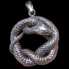 Load image into Gallery viewer, Infinity Snake Pendant Huge Charm Druid Pagan Wiccan Coiled Serpent Snake Kundalini Shakti Contemporary Elegant (Antique Silver Plated) 50cm

