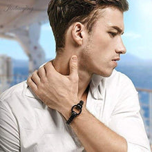 Load image into Gallery viewer, JINBAOYING Mens Bracelets Black Leather Bracelet Braided Genuine Leather Bracelet with Stainless Steel Wristband Cuff Bracelet 7.5-8.7 inch
