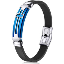 Load image into Gallery viewer, JINGCI Cross Bracelets for Men Stainless Steel Religious Bracelet with Silicone and Leather for Couples Boys and Man (Silicone Cross-Blue) -
