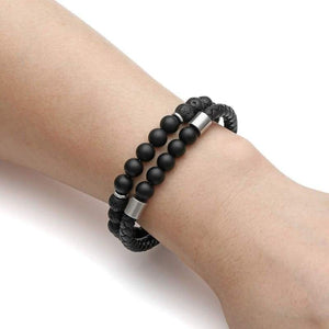 JOVIVI 2 Pcs Lava Stone Leather Beads Bracelets Essential Oil Diffuser Stainless Steel Cuff Beaded Bracelet Set Men Women Adjustable -