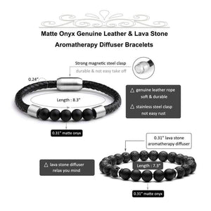 JOVIVI 2 Pcs Lava Stone Leather Beads Bracelets Essential Oil Diffuser Stainless Steel Cuff Beaded Bracelet Set Men Women Adjustable -