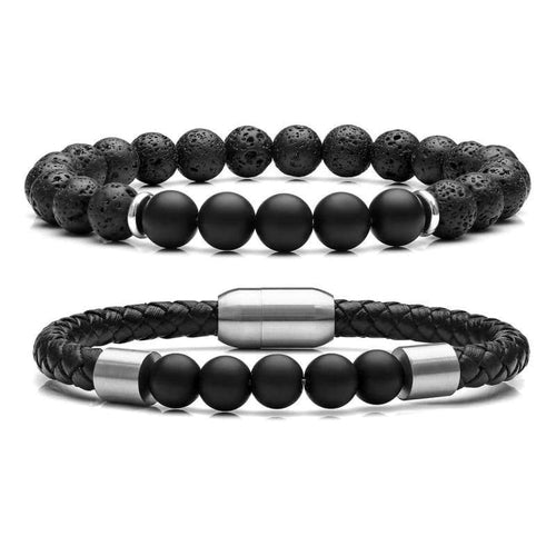 JOVIVI 2 Pcs Lava Stone Leather Beads Bracelets Essential Oil Diffuser Stainless Steel Cuff Beaded Bracelet Set Men Women Adjustable -