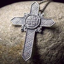 Load image into Gallery viewer, Large Ancient Pagan Cross Pendant Necklace Amulet Hands of God Replica Mens Celtic Cross"I believe because I know, I know because I believe" Heathen Jewelry for Men 925 Sterling Silver Handmade
