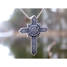 Load image into Gallery viewer, Large Ancient Pagan Cross Pendant Necklace Amulet Hands of God Replica Mens Celtic Cross"I believe because I know, I know because I believe" Heathen Jewelry for Men 925 Sterling Silver Handmade
