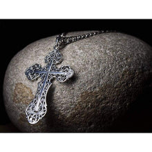 Load image into Gallery viewer, Large Christian Cross 925 Sterling Silver Necklace for Men Women Bible Verse Double Sided Filigree Crosses Pendant with Lords Prayer Religious Jewelry/Handmade
